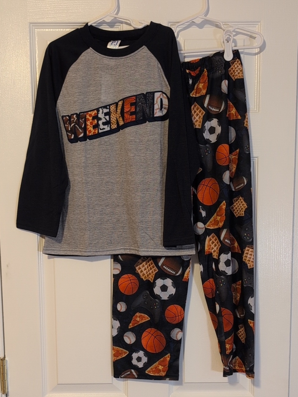 Kids Weekend Sports & Snack Pajama Set - Gray/Navy with Orange Accents NWT